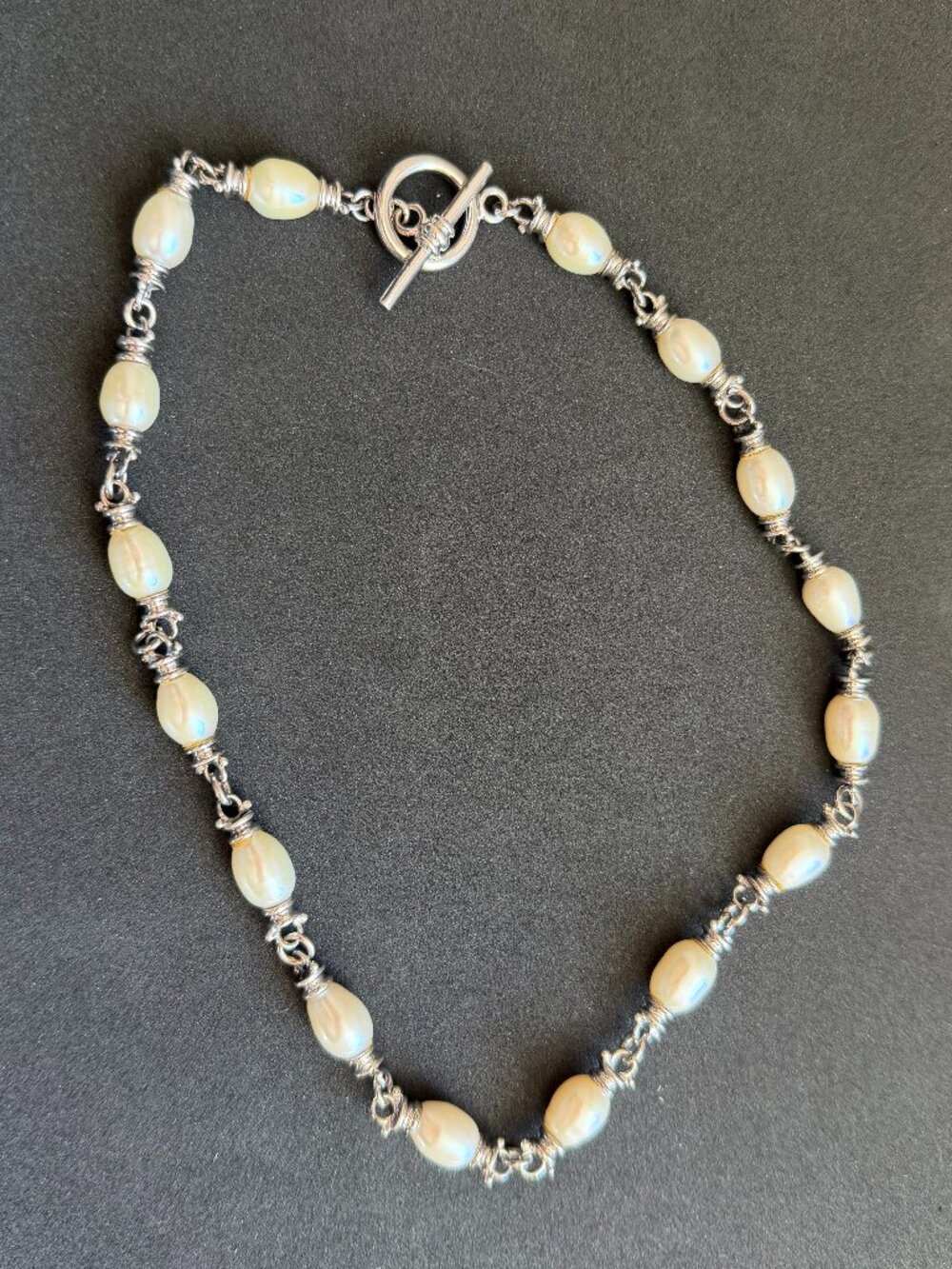Genuine Pearl & 925 Sterling Silver Toggle Clasp Statement Necklace
